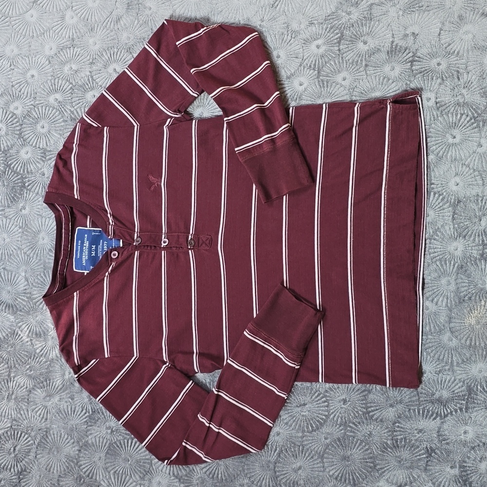 Men's Long-Sleeve Maroon Striped American Eagle Henley